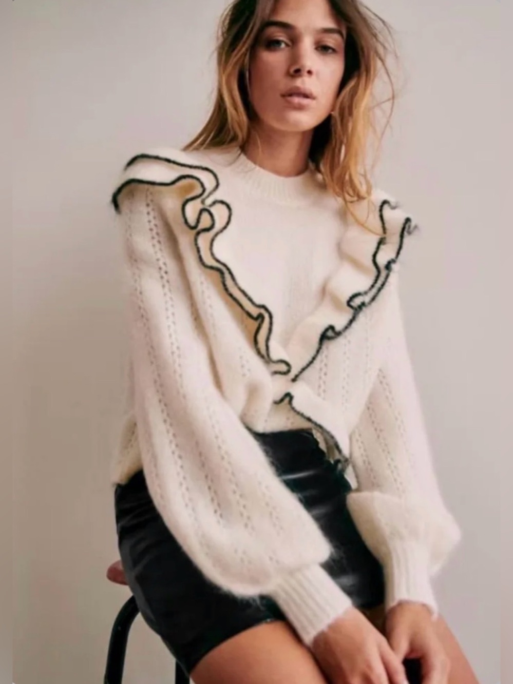 Sezane Cream Ruffle Knit Sweater with Black Trim